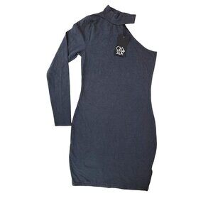 Chaser Long Sleeve 1 Shoulder Mock Neck Dress Slit Phantom Dark Gray Size Small